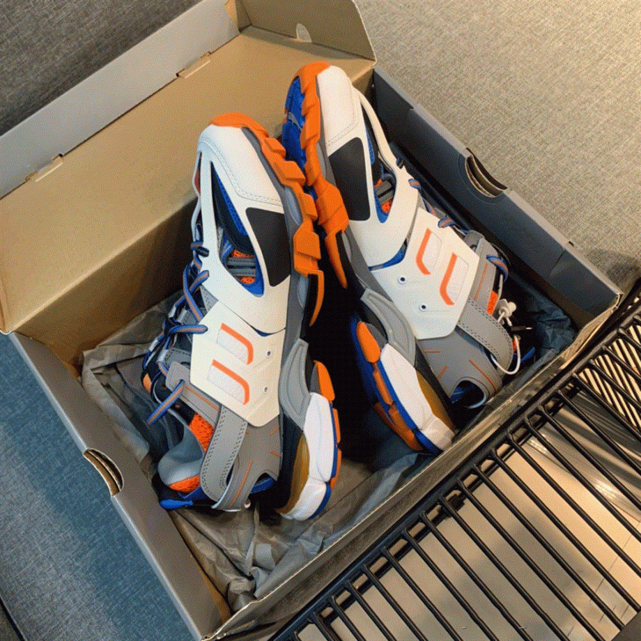 Balenciaga Track 3 Sneakers In White, Orange And Blue - Bb025