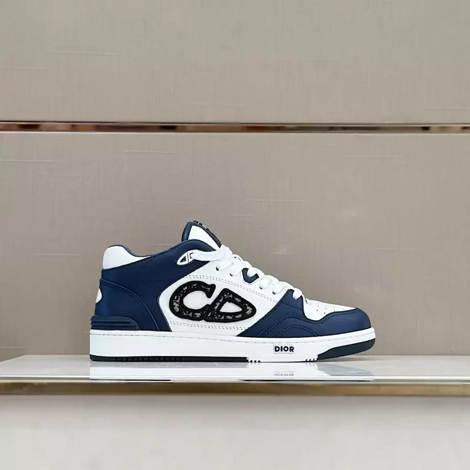 B57 Mid-Top Sneaker Navy Blue and White Smooth Calfskin with Beige and Black Dior Oblique Jacquard - CDO110