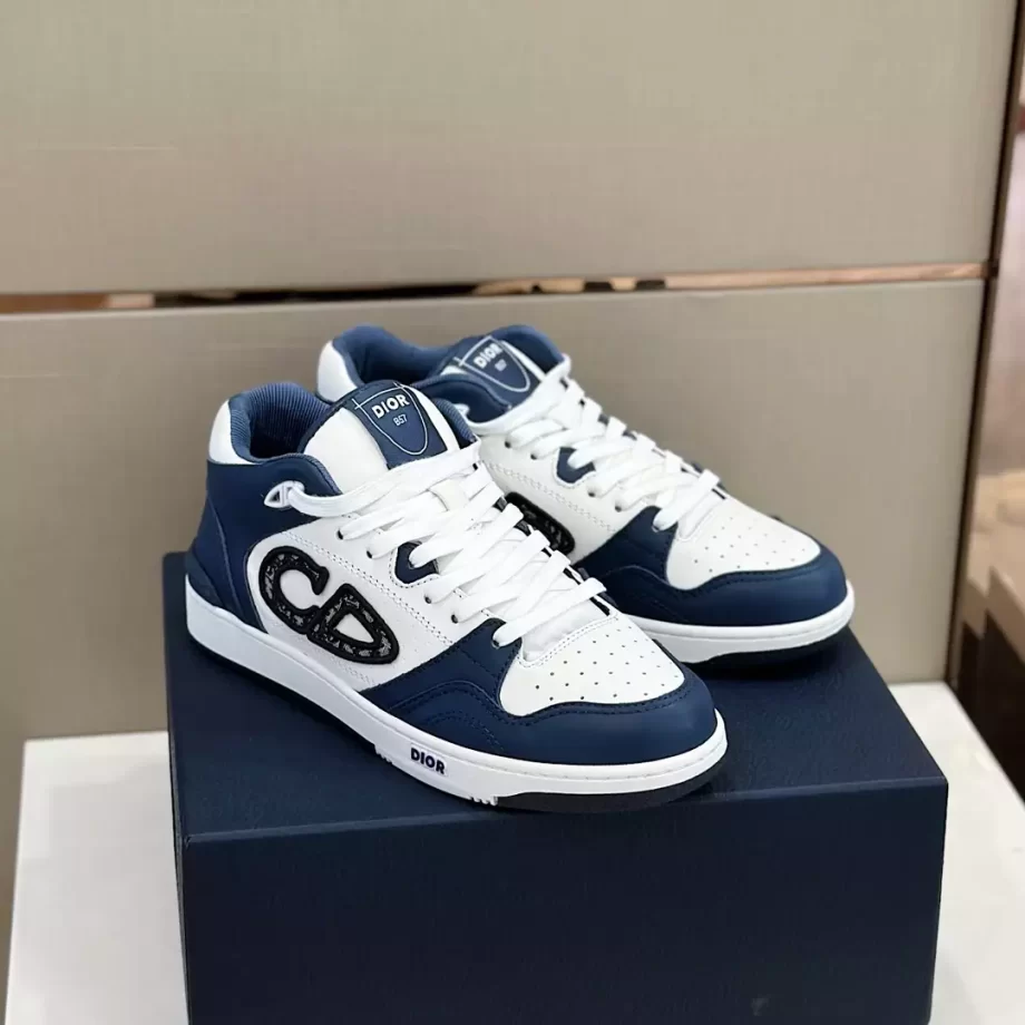 B57 Mid-Top Sneaker Navy Blue and White Smooth Calfskin with Beige and Black Dior Oblique Jacquard - CDO110