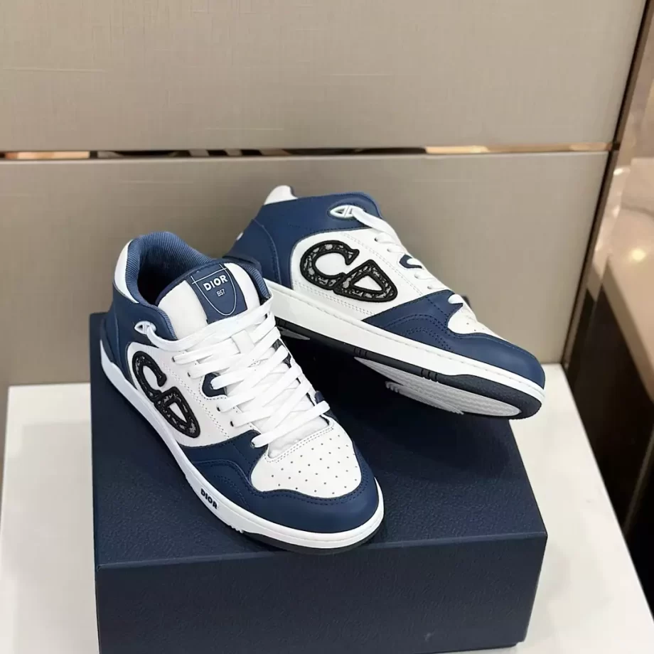 B57 Mid-Top Sneaker Navy Blue and White Smooth Calfskin with Beige and Black Dior Oblique Jacquard - CDO110