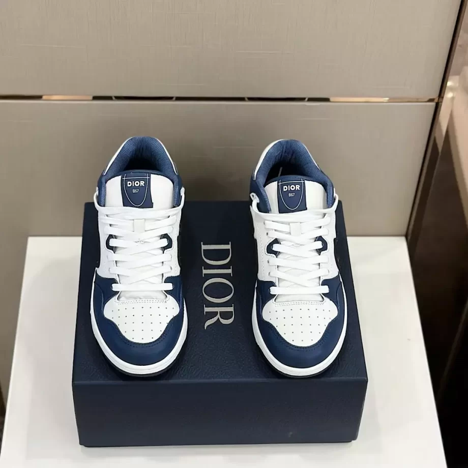 B57 Mid-Top Sneaker Navy Blue and White Smooth Calfskin with Beige and Black Dior Oblique Jacquard - CDO110