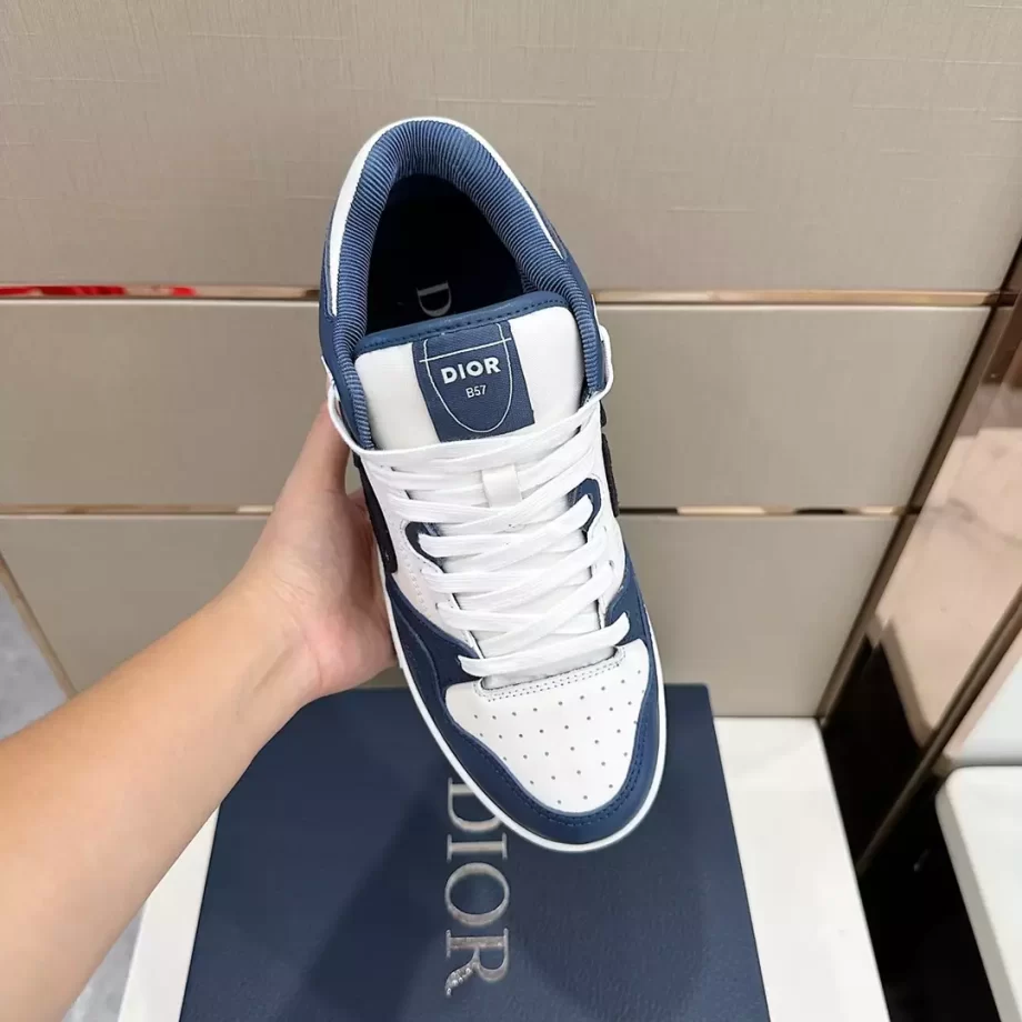 B57 Mid-Top Sneaker Navy Blue and White Smooth Calfskin with Beige and Black Dior Oblique Jacquard - CDO110