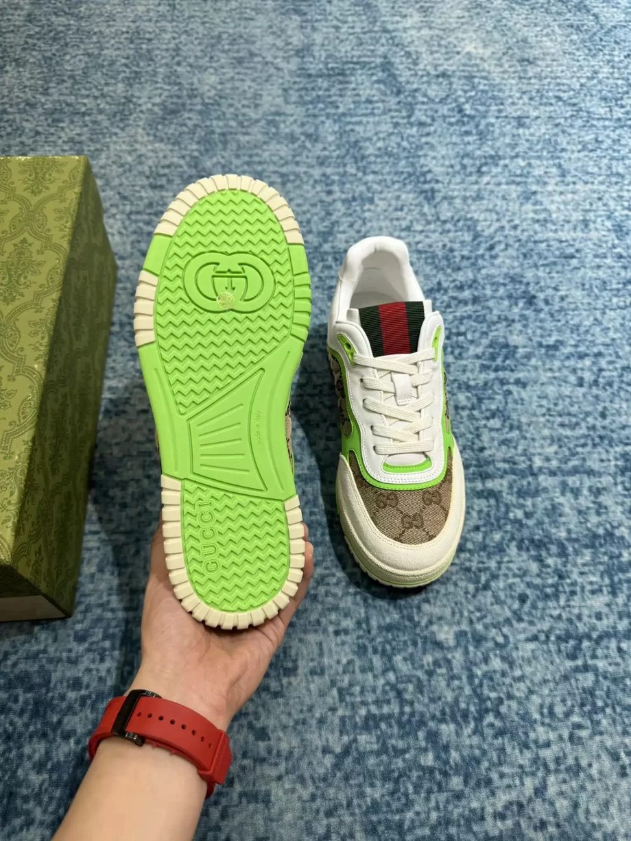 Gucci Re-Web Sneaker Beige And Ebony Original GG Canvas Fluorescent Green Leather - GCC205