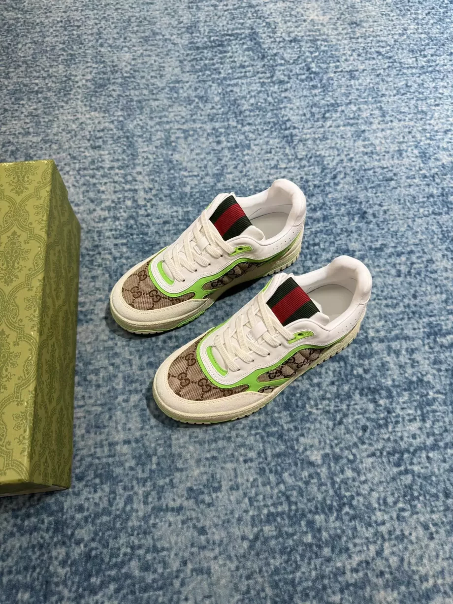 Gucci Re-Web Sneaker Beige And Ebony Original GG Canvas Fluorescent Green Leather - GCC205