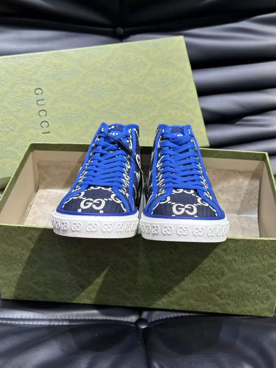 Gucci Tennis 1977 High-Top Trainer GG Recycled Polyester Beige and Blue