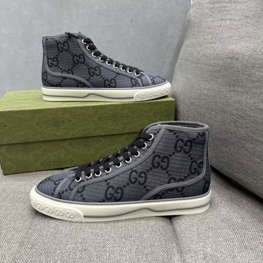 Gucci Tennis 1977 High-Top Trainer GG Recycled Polyester Dark Grey and Black