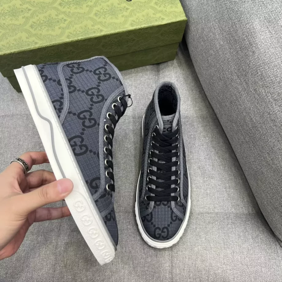 Gucci Tennis 1977 High-Top Trainer GG Recycled Polyester Dark Grey and Black