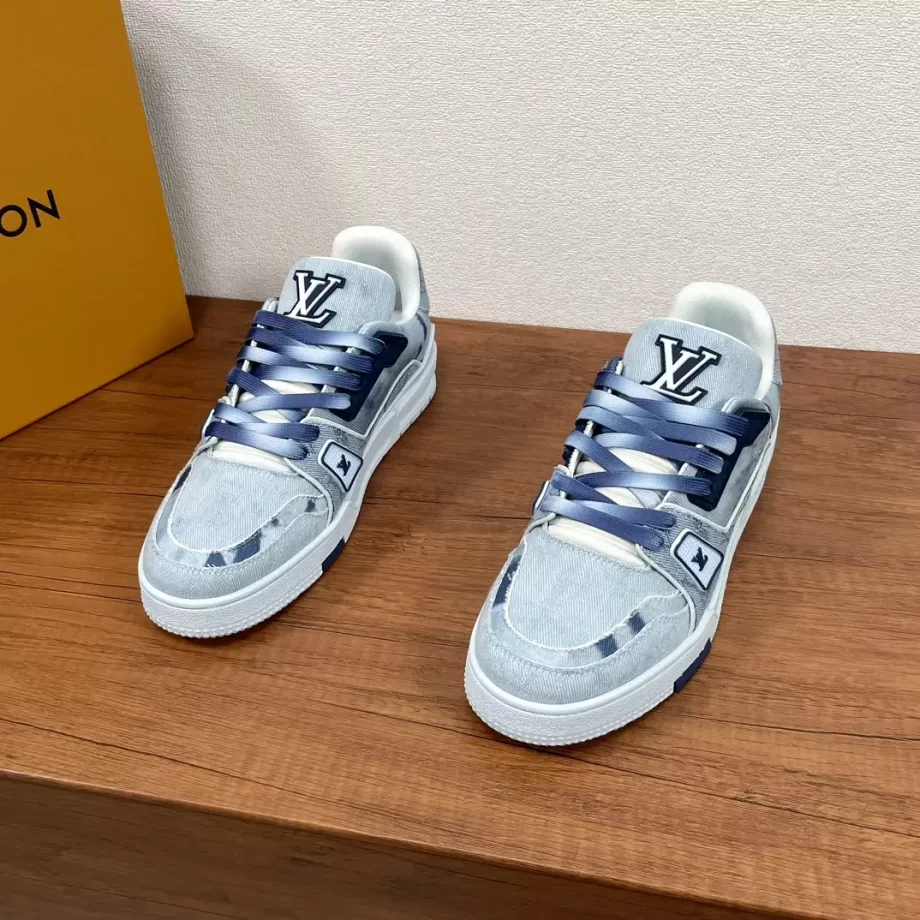 LV Trainer Sneaker Blue Bleached Monogram Denim Gradient Laces - LSVT293