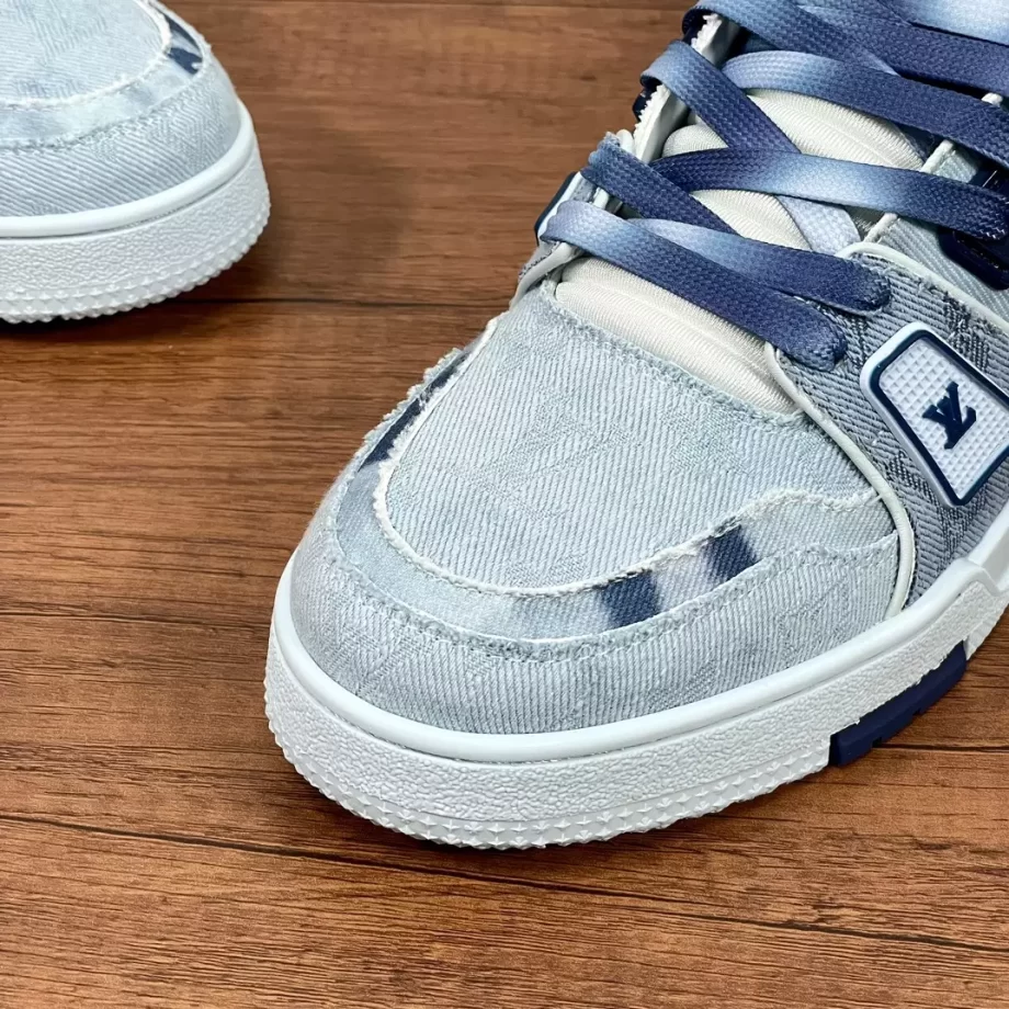 LV Trainer Sneaker Blue Bleached Monogram Denim Gradient Laces - LSVT293