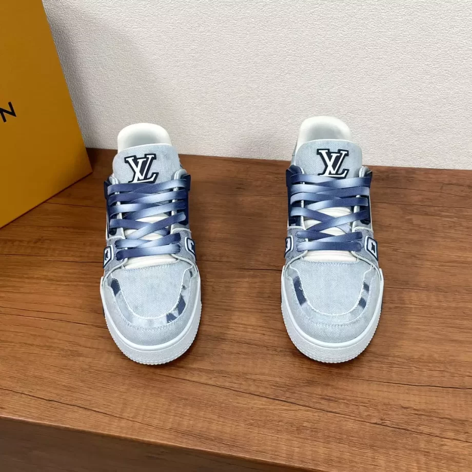 LV Trainer Sneaker Blue Bleached Monogram Denim Gradient Laces - LSVT293