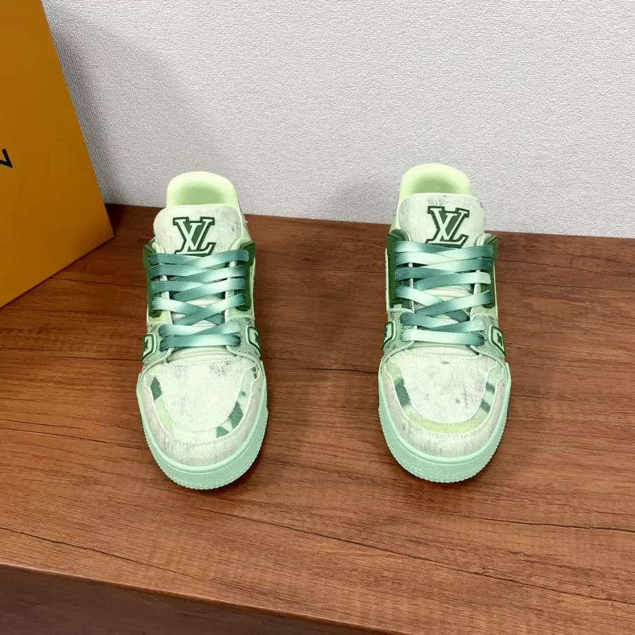 LV Trainer Sneaker Green Bleached Monogram Denim Gradient Laces - LSVT292