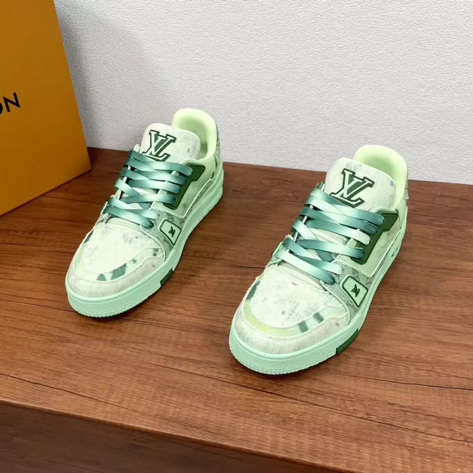 LV Trainer Sneaker Green Bleached Monogram Denim Gradient Laces - LSVT292