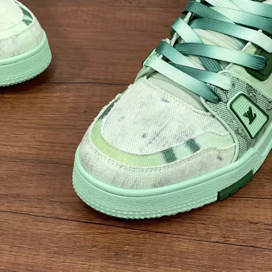 LV Trainer Sneaker Green Bleached Monogram Denim Gradient Laces - LSVT292