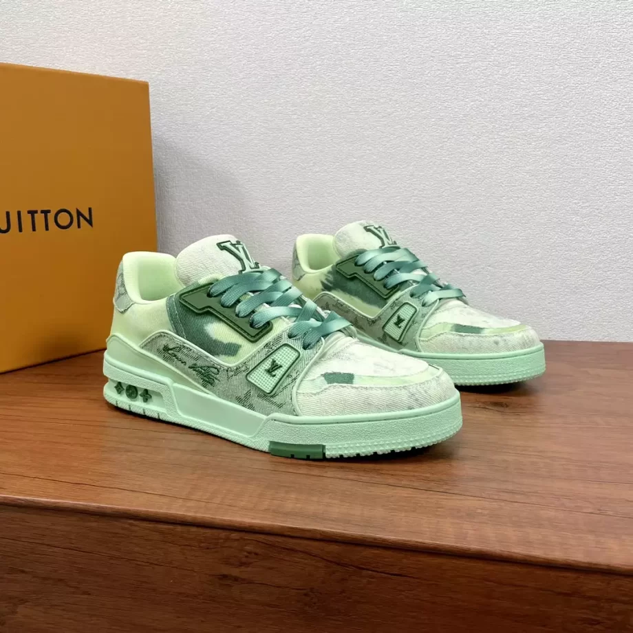 LV Trainer Sneaker Green Bleached Monogram Denim Gradient Laces - LSVT292